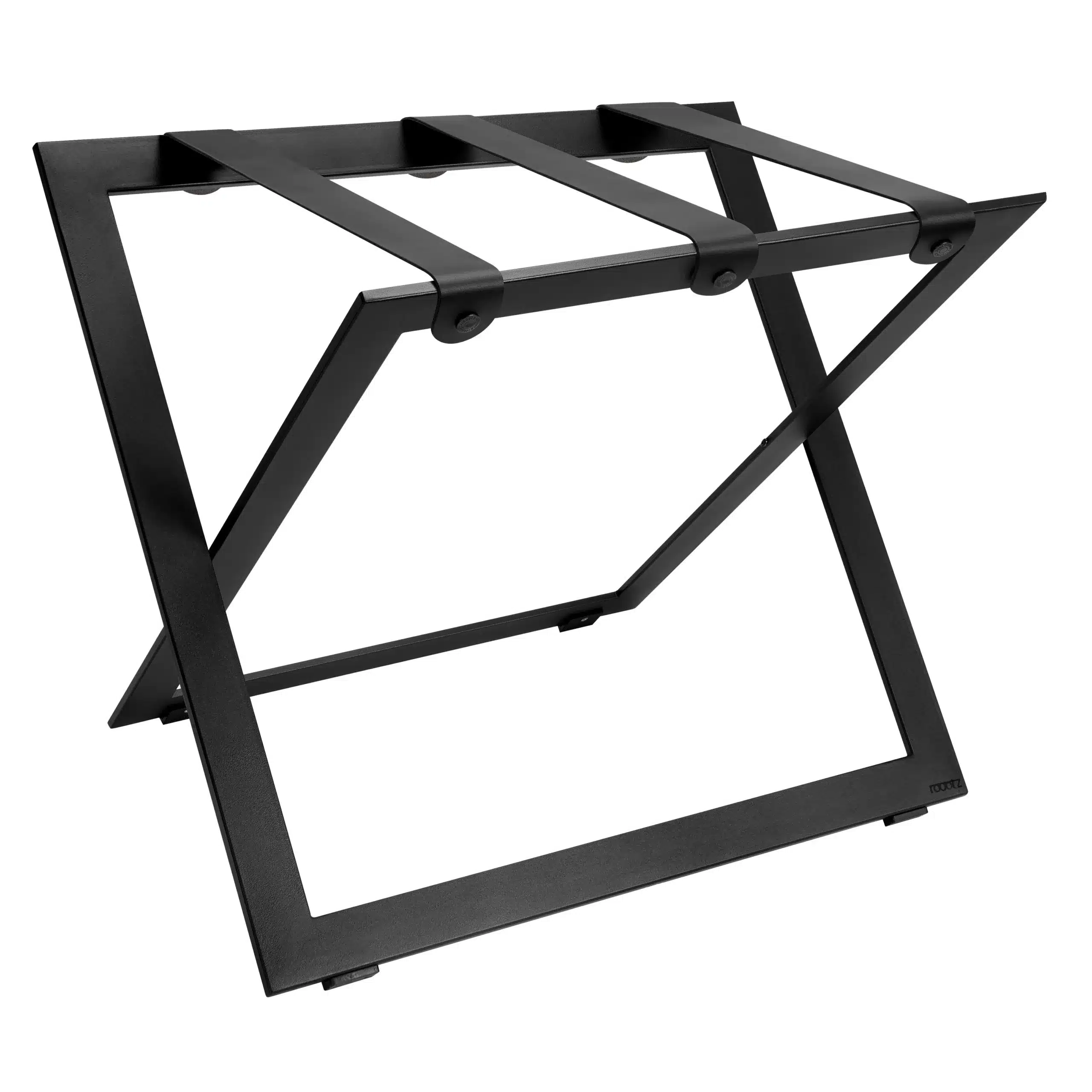 Hotel_Luggage_Rack_Black_Steel_with_Black_Leather_Straps_Roootz Luggage rack stainless steel black