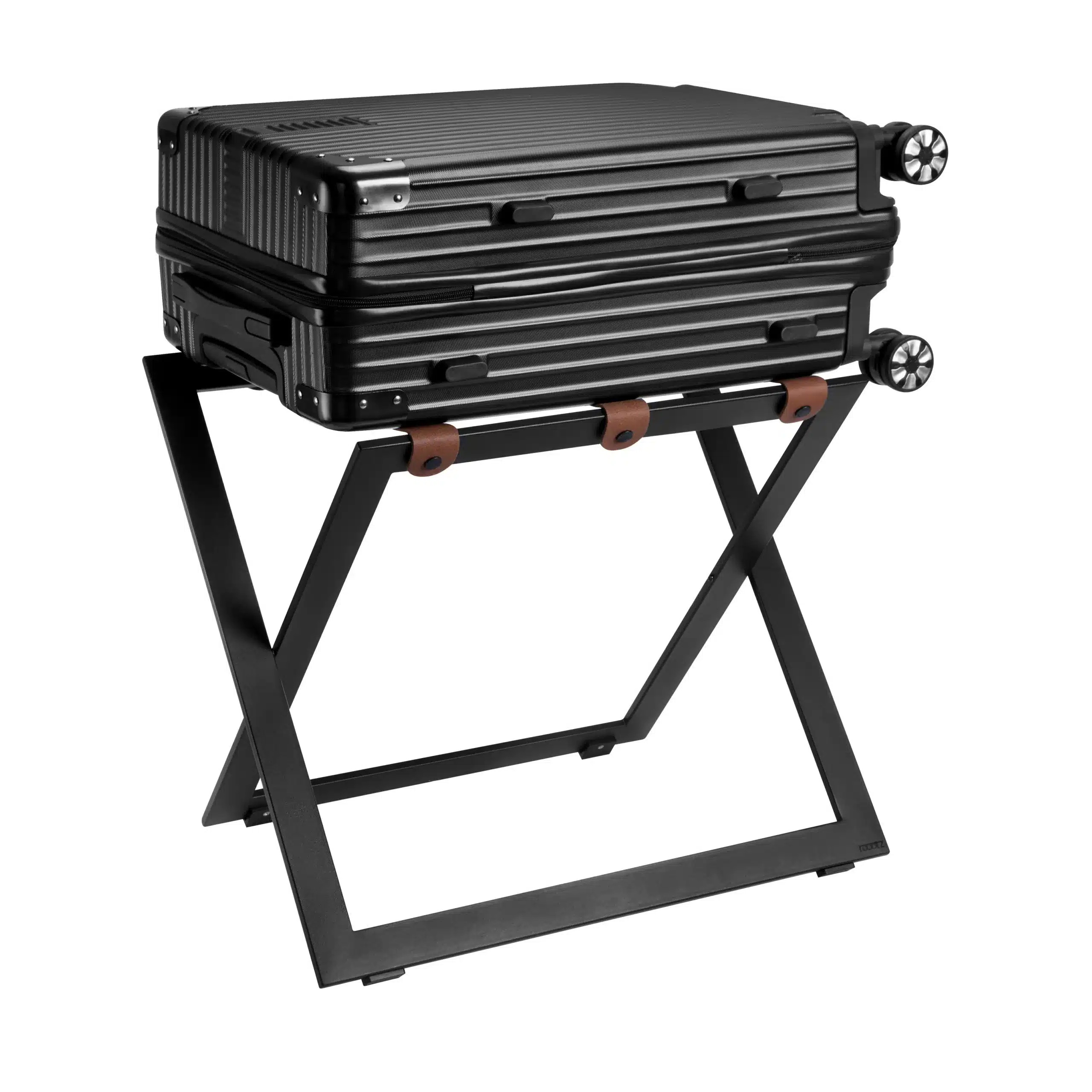Luggage_Rack_Black_Steel_Brown_Leather_With_Trolley_Roootz_Compact