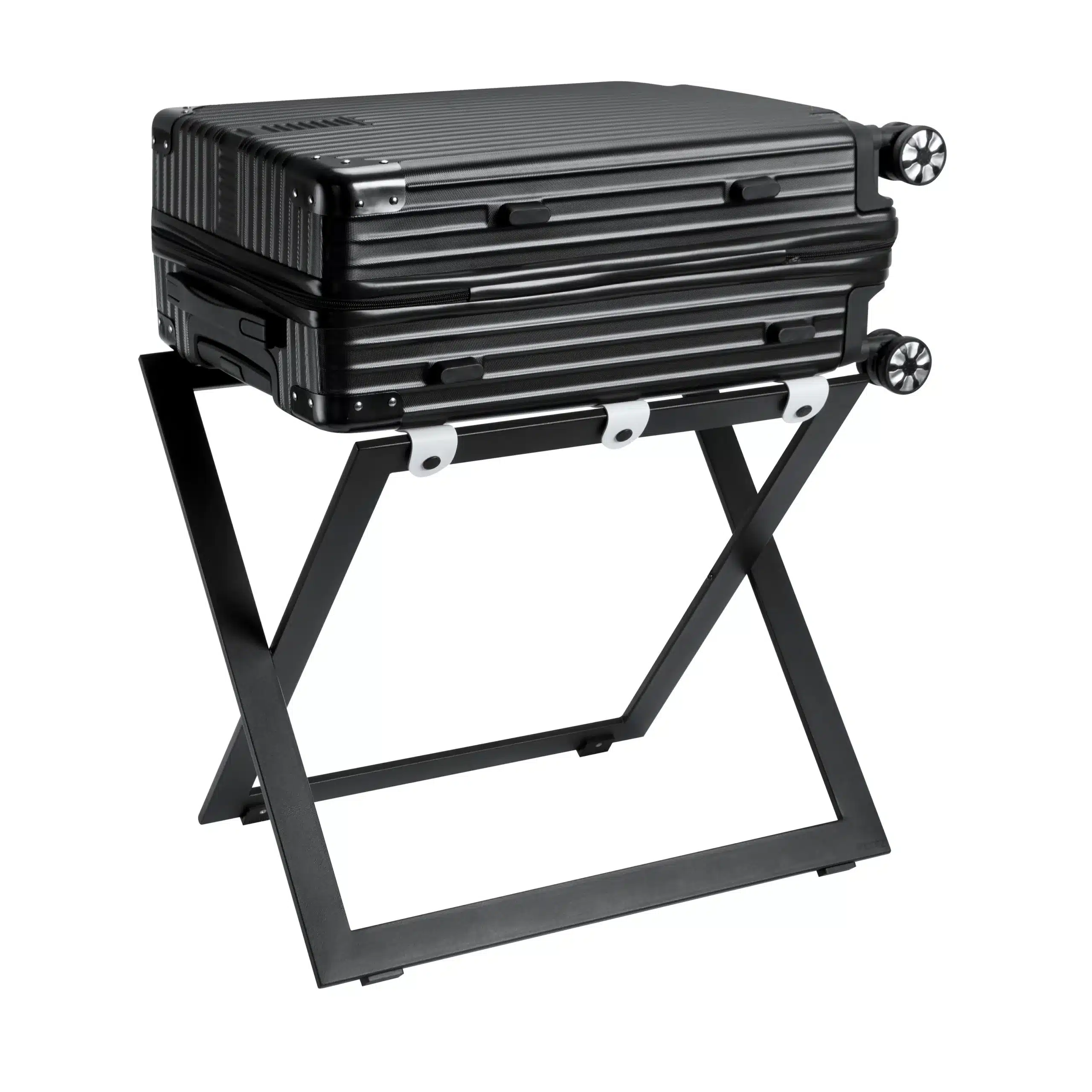 Luggage_Rack_Black_Steel_White_Leather_With_Trolley_Roootz_Compact