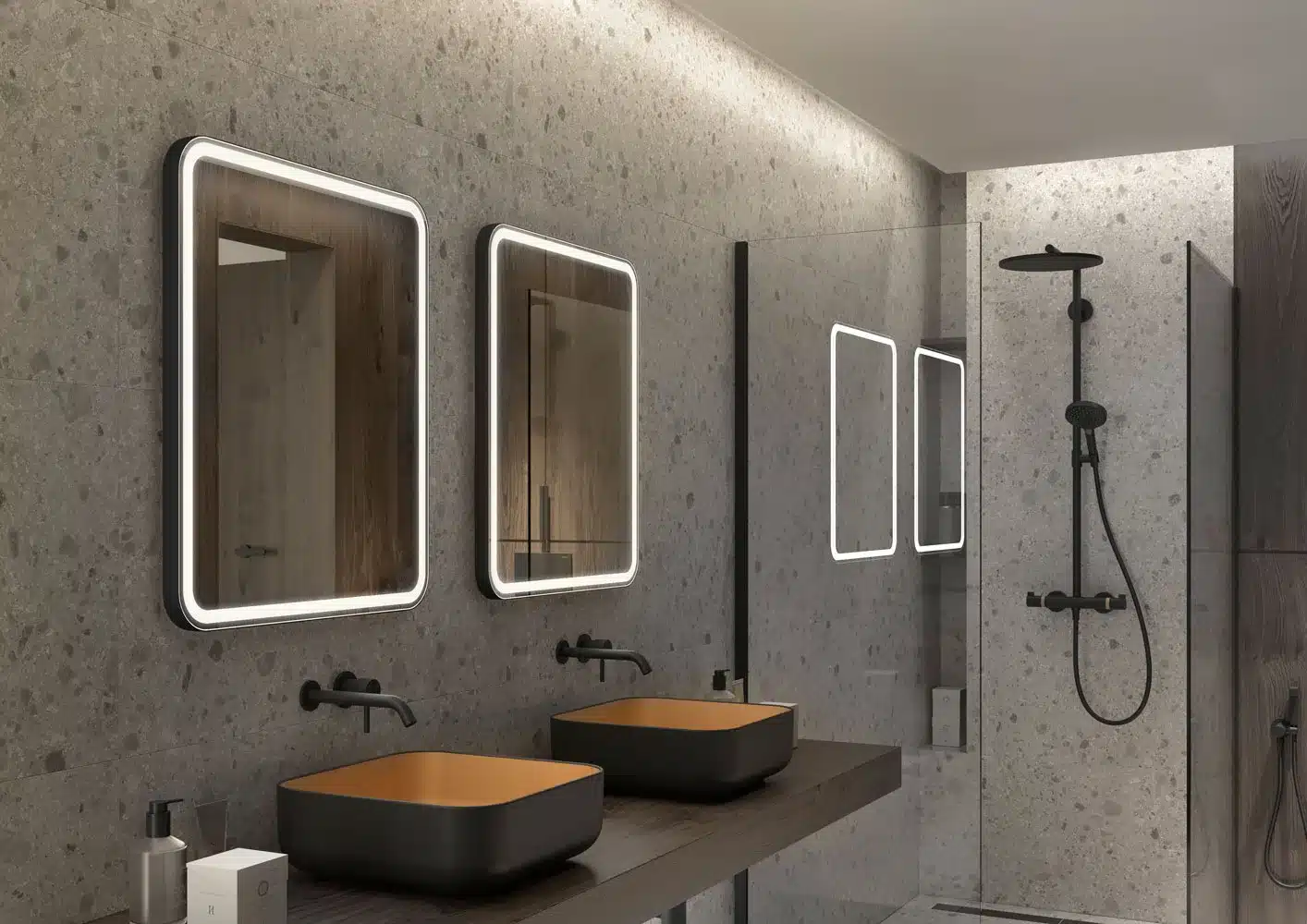 Rounded-mirror-for-hotel-bathroom-black-frame-ambient-SANDRA