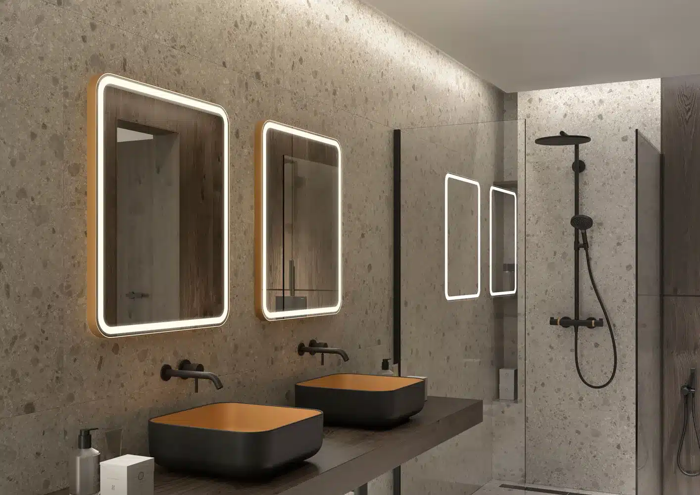 Rounded-mirror-for-hotel-bathroom-gold-frame-ambient-SANDRA