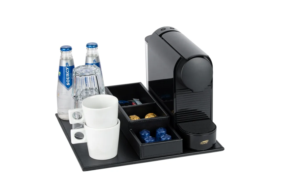 Hospitality-tray-B-TRAY-SNAP-with-black-Nespresso-machine-START-cups-water-glasses
