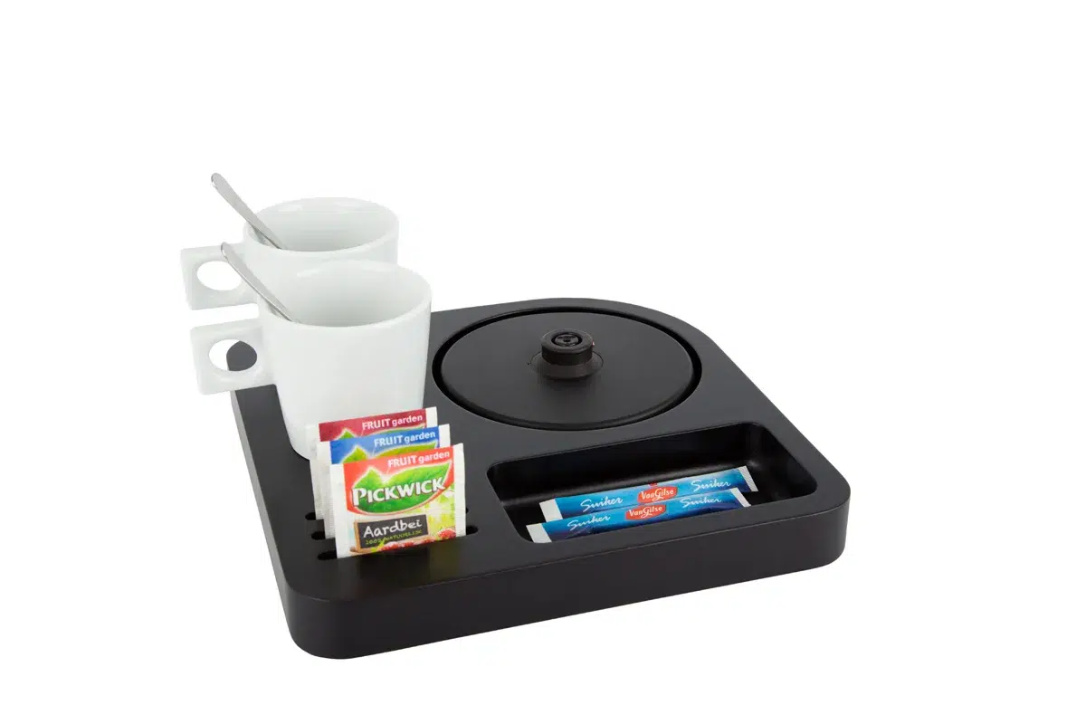 Hospitality-tray-SLIM-NoKettle-WhiteCups Compact hotel tray Black