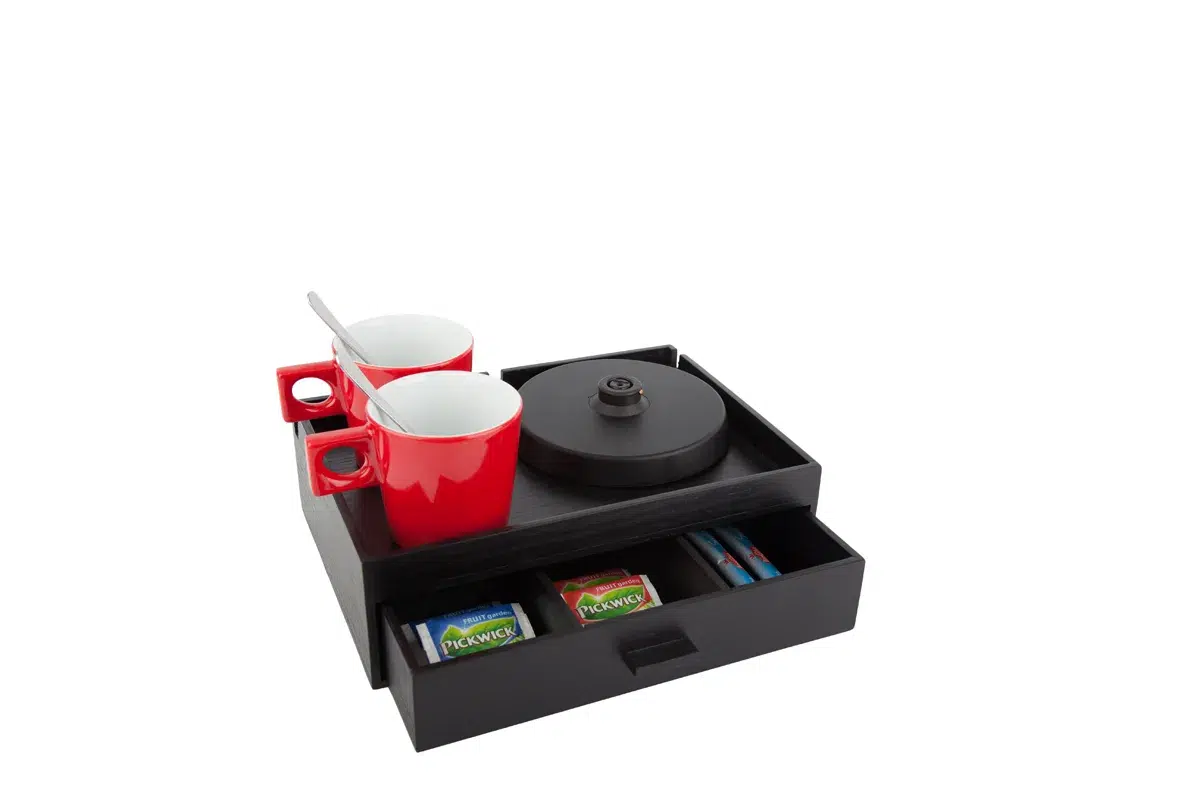Hospitality-tray-SMART-NoKettle-RedCups Compact hospitality tray