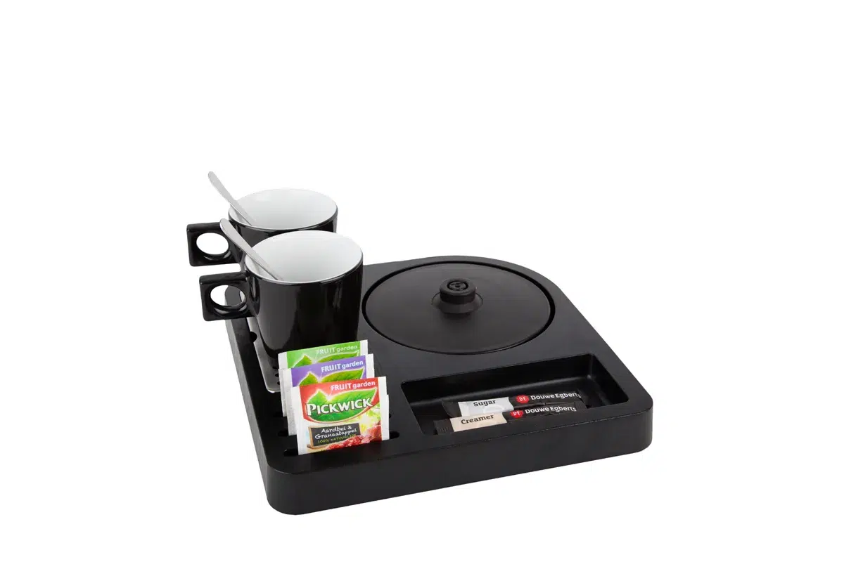Hospitality-tray-SQUARE-NoKettle-BlackCups Compact tea tray - SQUARE