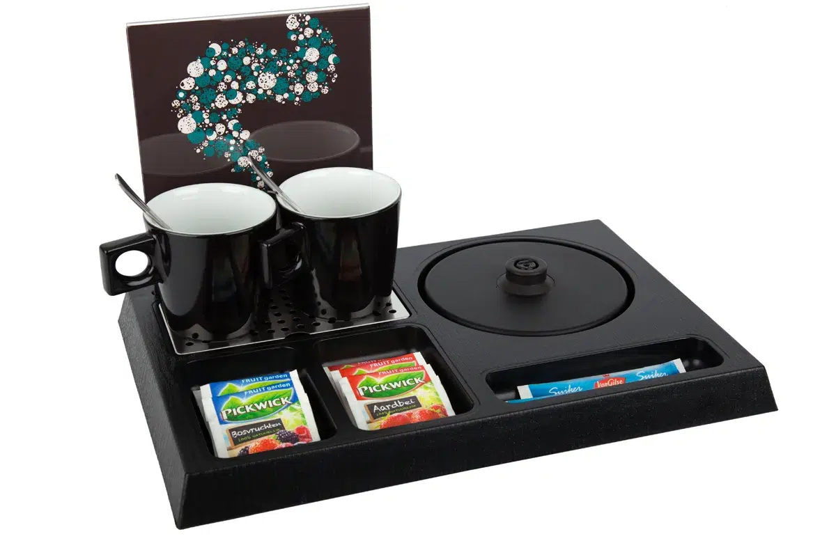 Hospitality-tray-STAY-NoKettle-Leaflet-BlackCups Black ABS hospitality tray - STAY