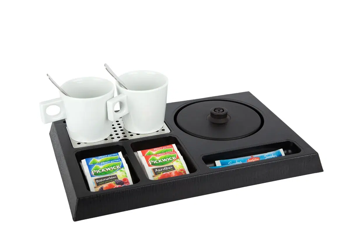 Hospitality-tray-STAY-NoKettle-NoLeaflet-WhiteCups Black ABS hospitality tray - STAY