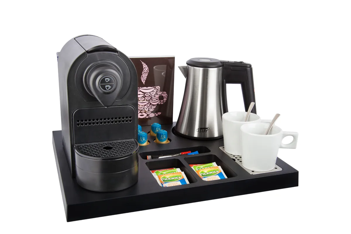 HospitalityTray-SIESTA-Kettle-STAR-0.5L-Leaflet-WhiteCups-CoffeeMachine-AROMA Plastic coffee and tea tray - SIESTA