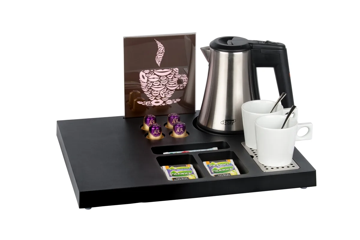 HospitalityTray-SIESTA-Kettle-STAR-0.5L-Leaflet-WhiteCups-NoCoffeeMachine2 Plastic coffee and tea tray - SIESTA