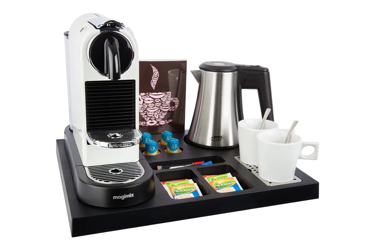 HospitalityTray-SIESTA-Kettle-STAR-0.5L-Leaflet-WhiteCups Plastic coffee and tea tray - SIESTA
