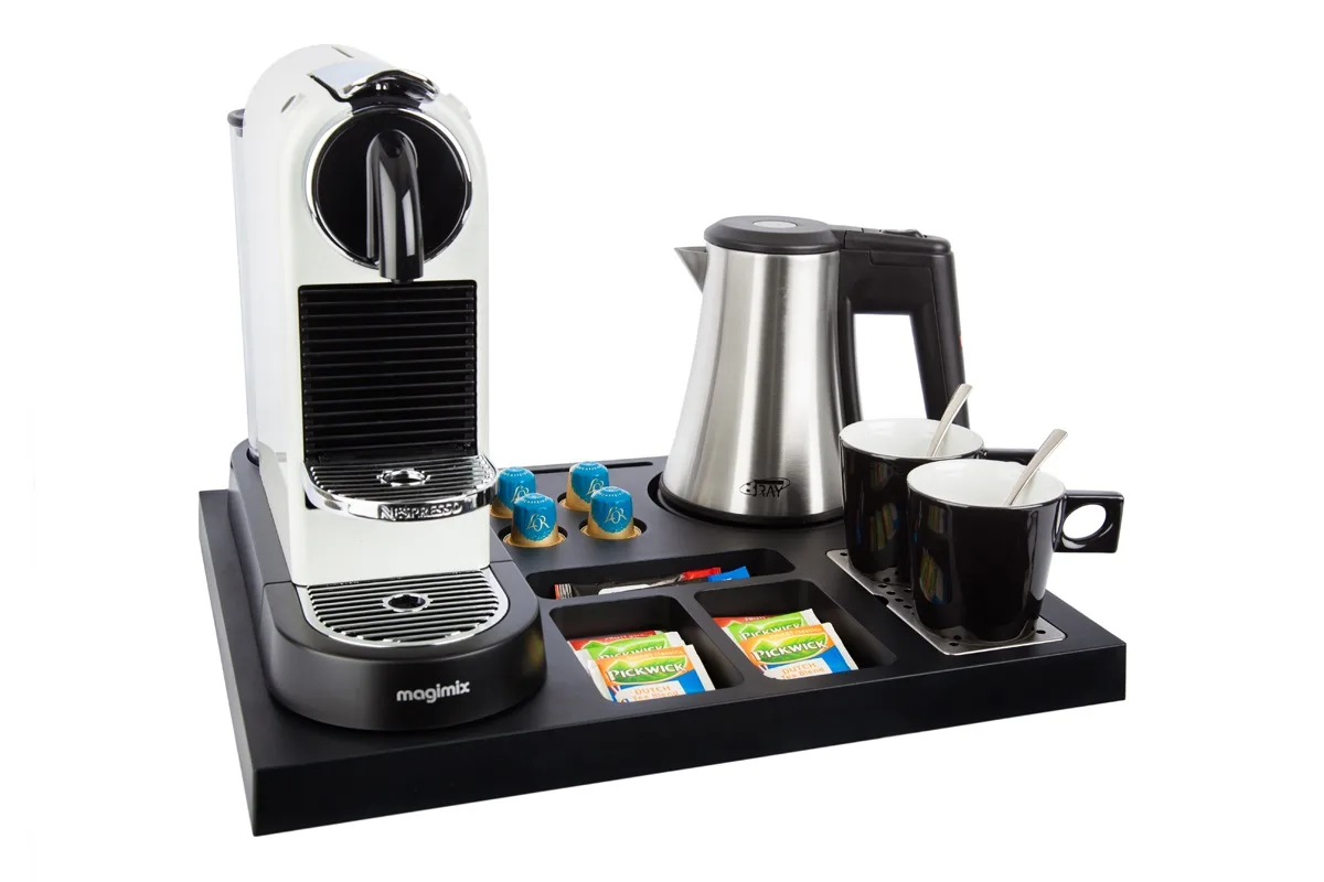 HospitalityTray-SIESTA-Kettle-STAR-0.5L-NoLeaflet-BlackCups Plastic coffee and tea tray - SIESTA