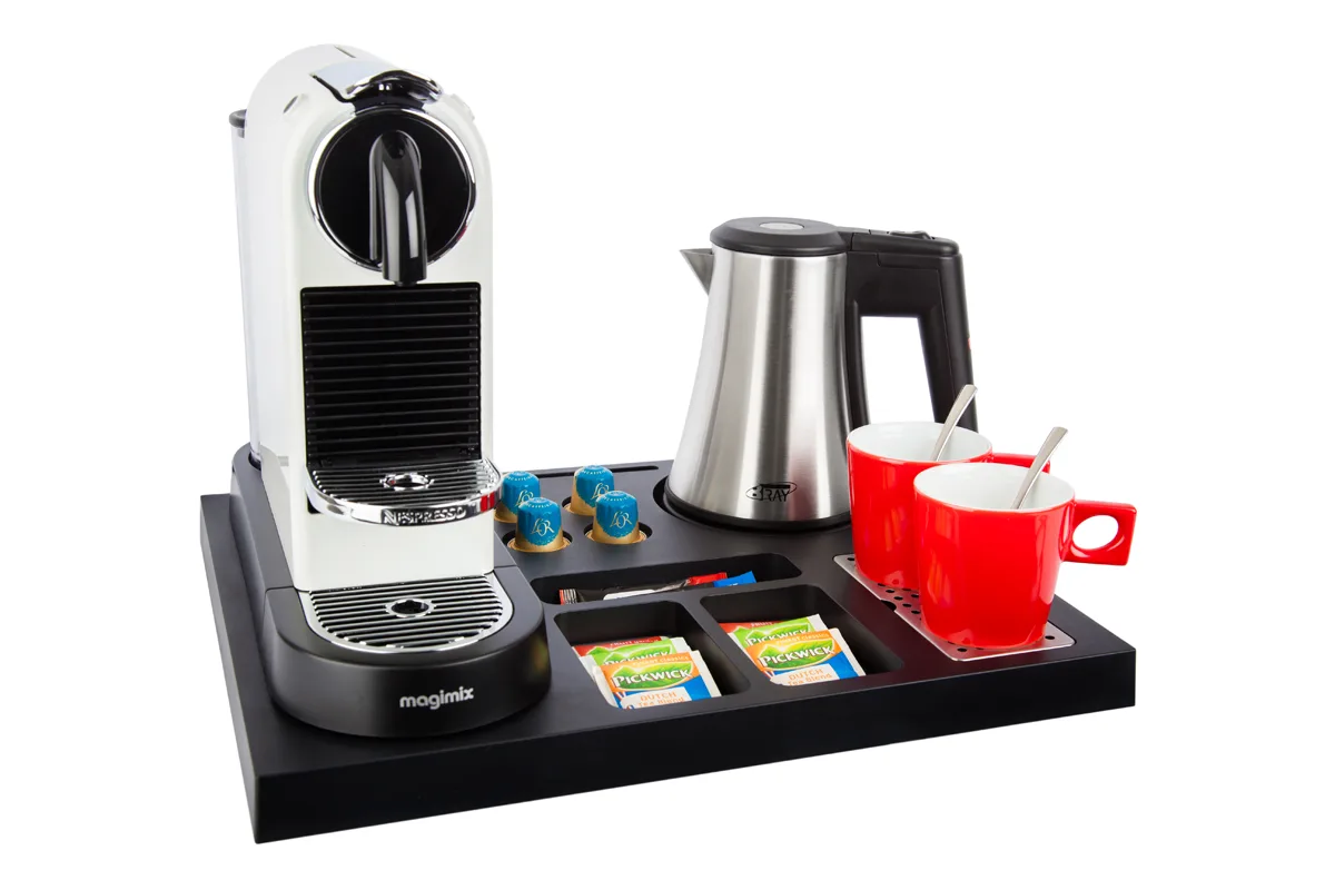 HospitalityTray-SIESTA-Kettle-STAR-0.5L-NoLeaflet-RedCups Plastic coffee and tea tray - SIESTA