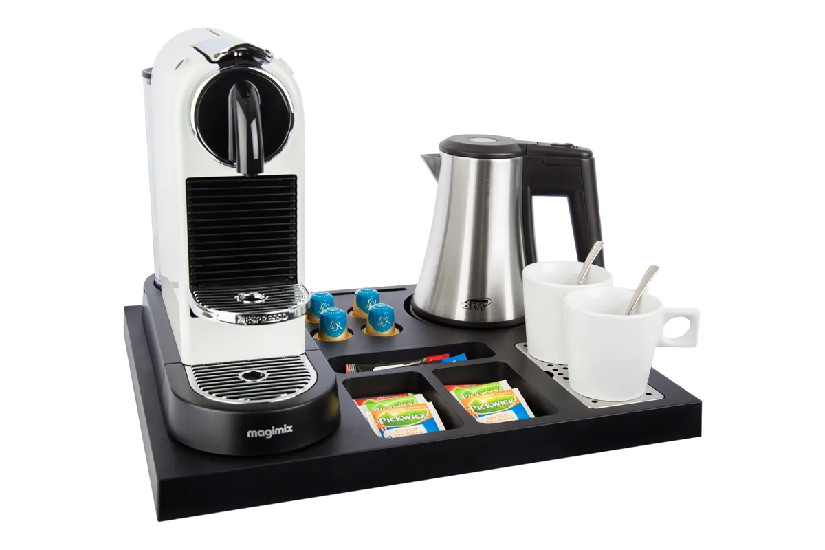 HospitalityTray-SIESTA-Kettle-STAR-0.5L-NoLeaflet-WhiteCups Plastic coffee and tea tray - SIESTA