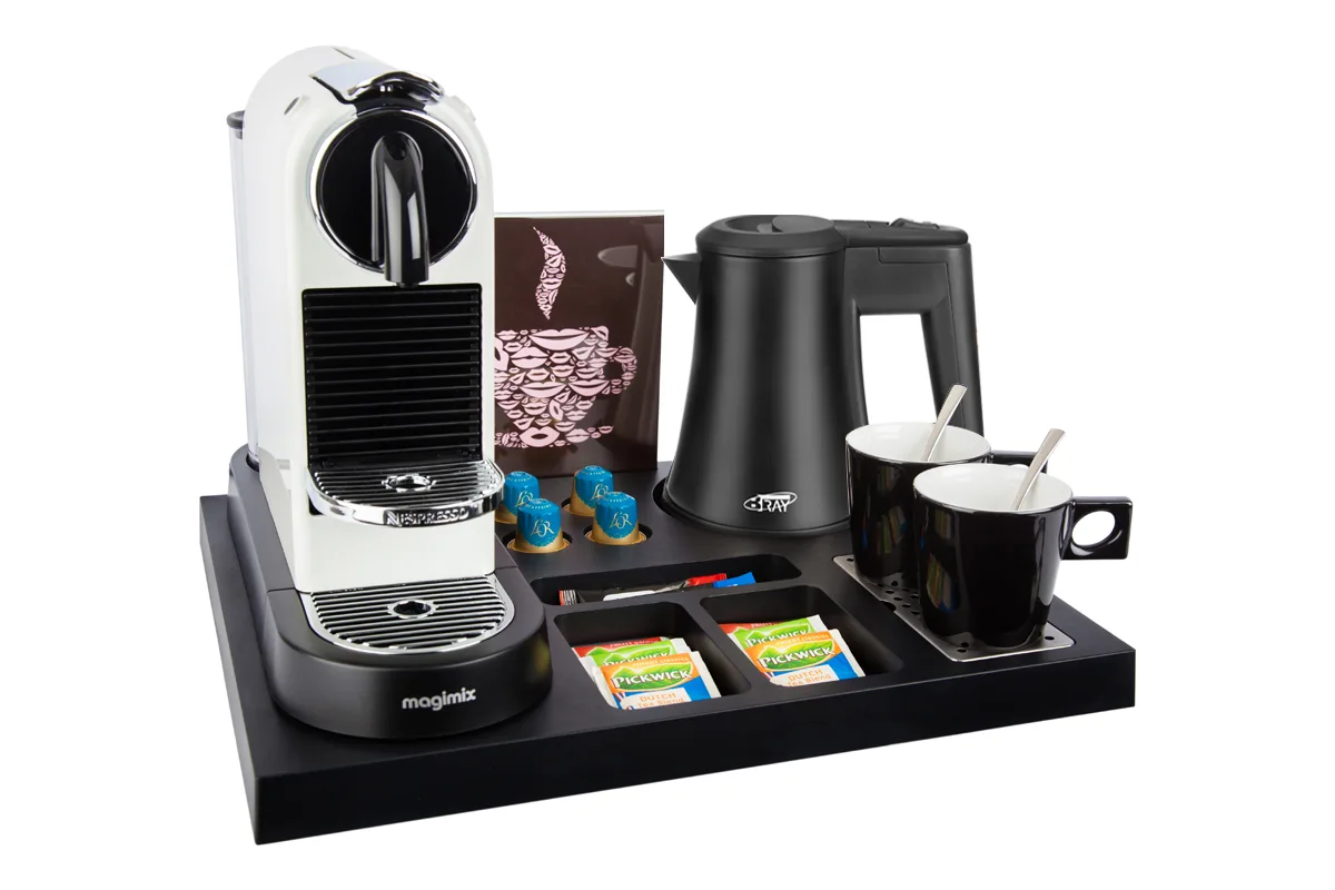 HospitalityTray-SIESTA-Kettle-STAR-BLACK-0.5L-Leaflet-BlackCups Plastic coffee and tea tray - SIESTA