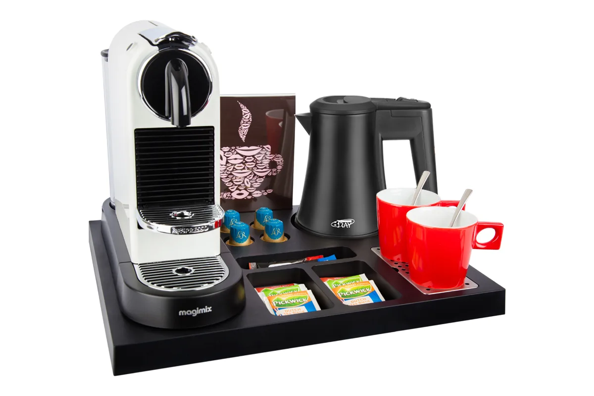 HospitalityTray-SIESTA-Kettle-STAR-BLACK-0.5L-Leaflet-RedCups Plastic coffee and tea tray - SIESTA