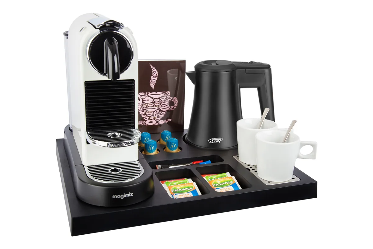 HospitalityTray-SIESTA-Kettle-STAR-BLACK-0.5L-Leaflet-WhiteCups Plastic coffee and tea tray - SIESTA