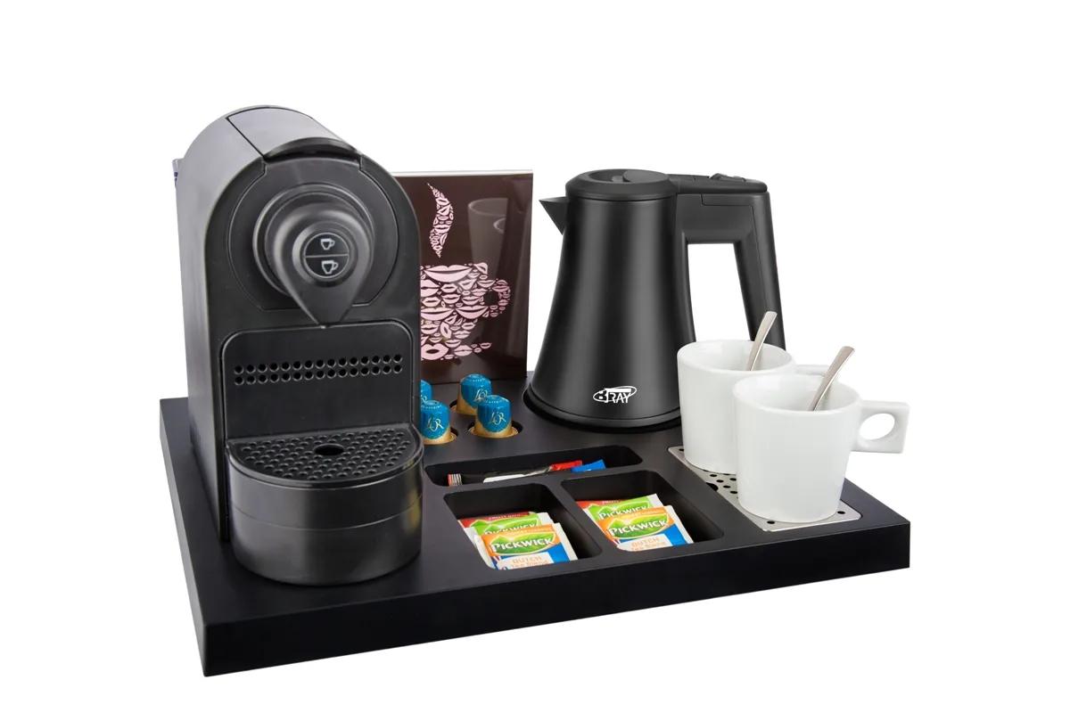 HospitalityTray-SIESTA-Kettle-STAR-BLACK-0.5L-NoLeaflet-BackCups-CoffeeMachine-AROMA Plastic coffee and tea tray - SIESTA