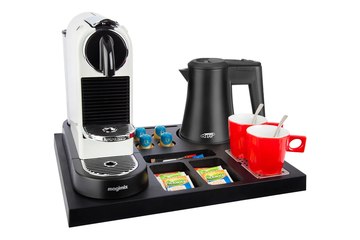 HospitalityTray-SIESTA-Kettle-STAR-BLACK-0.5L-NoLeaflet-RedCups Plastic coffee and tea tray - SIESTA