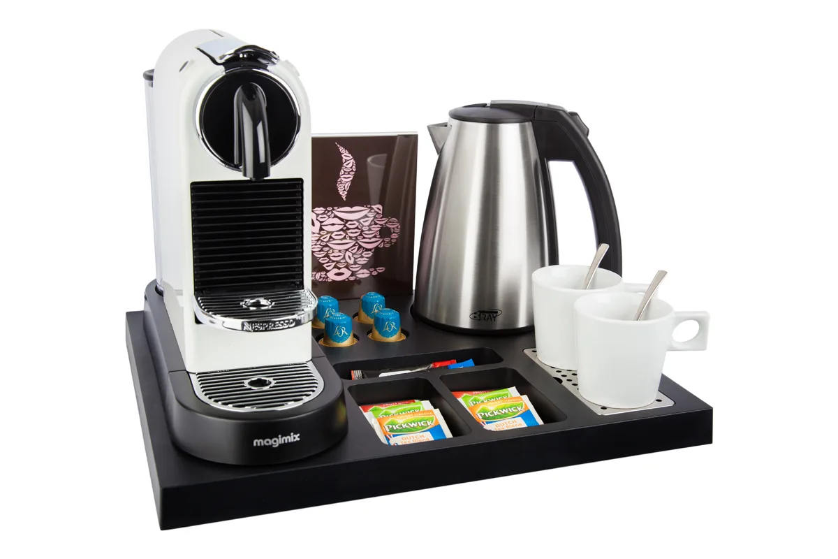 HospitalityTray-SIESTA-Kettle-STYLE-1.0L-Leaflet-WhiteCups Plastic coffee and tea tray - SIESTA