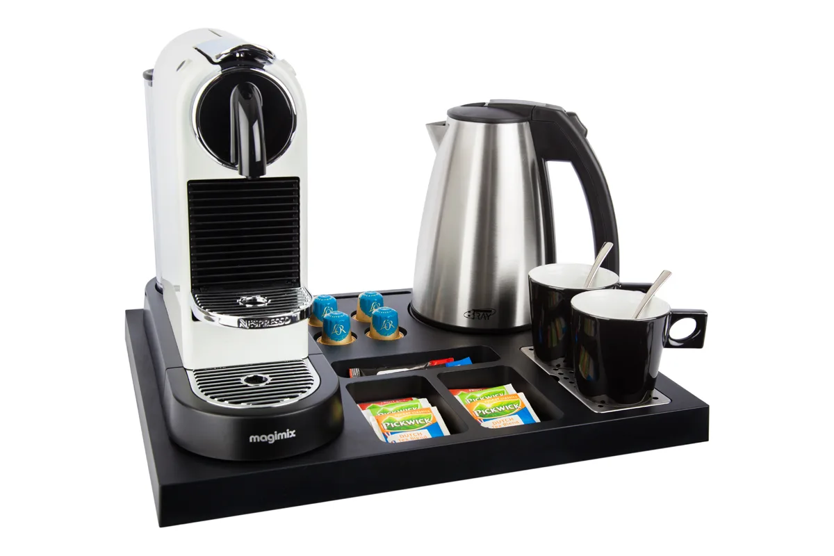 HospitalityTray-SIESTA-Kettle-STYLE-1.0L-NoLeaflet-BlackCups Plastic coffee and tea tray - SIESTA