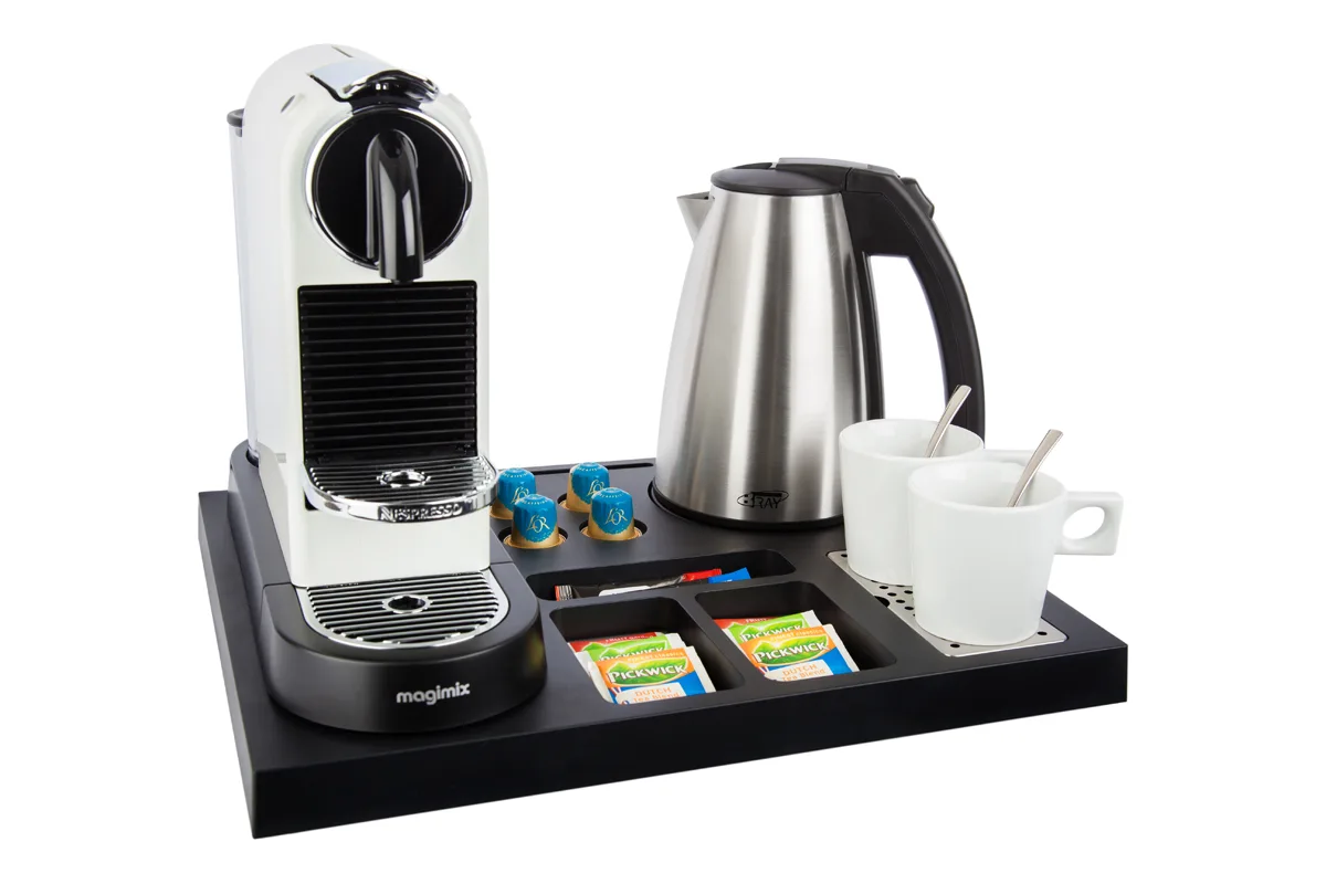 HospitalityTray-SIESTA-Kettle-STYLE-1.0L-NoLeaflet-WhiteCups Plastic coffee and tea tray - SIESTA