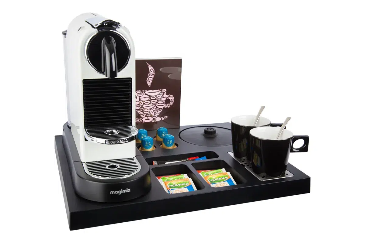 HospitalityTray-SIESTA-NoKettle-Leaflet-BlackCups Plastic coffee and tea tray - SIESTA