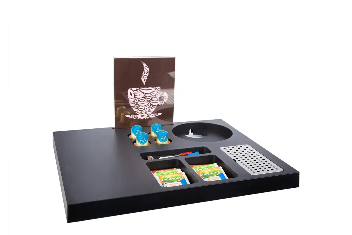 HospitalityTray-SIESTA-NoKettle-Leaflet-NoCups-NoCoffeeMachine-NoPowerBase Plastic coffee and tea tray - SIESTA