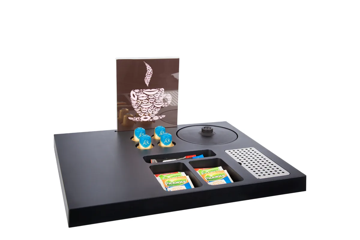 HospitalityTray-SIESTA-NoKettle-Leaflet-NoCups-NoCoffeeMachine Plastic coffee and tea tray - SIESTA