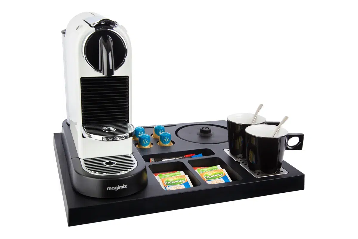 HospitalityTray-SIESTA-NoKettle-NoLeaflet-BlackCups Plastic coffee and tea tray - SIESTA