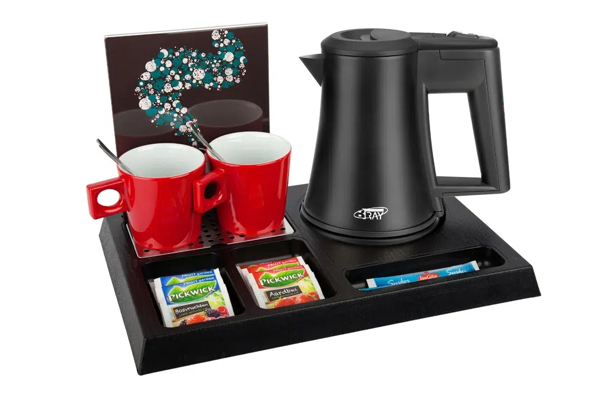 HospitalityTray-STAY-Kettle-STAR-BLACK-0.5L-Leaflet-RedCups Black ABS hospitality tray - STAY