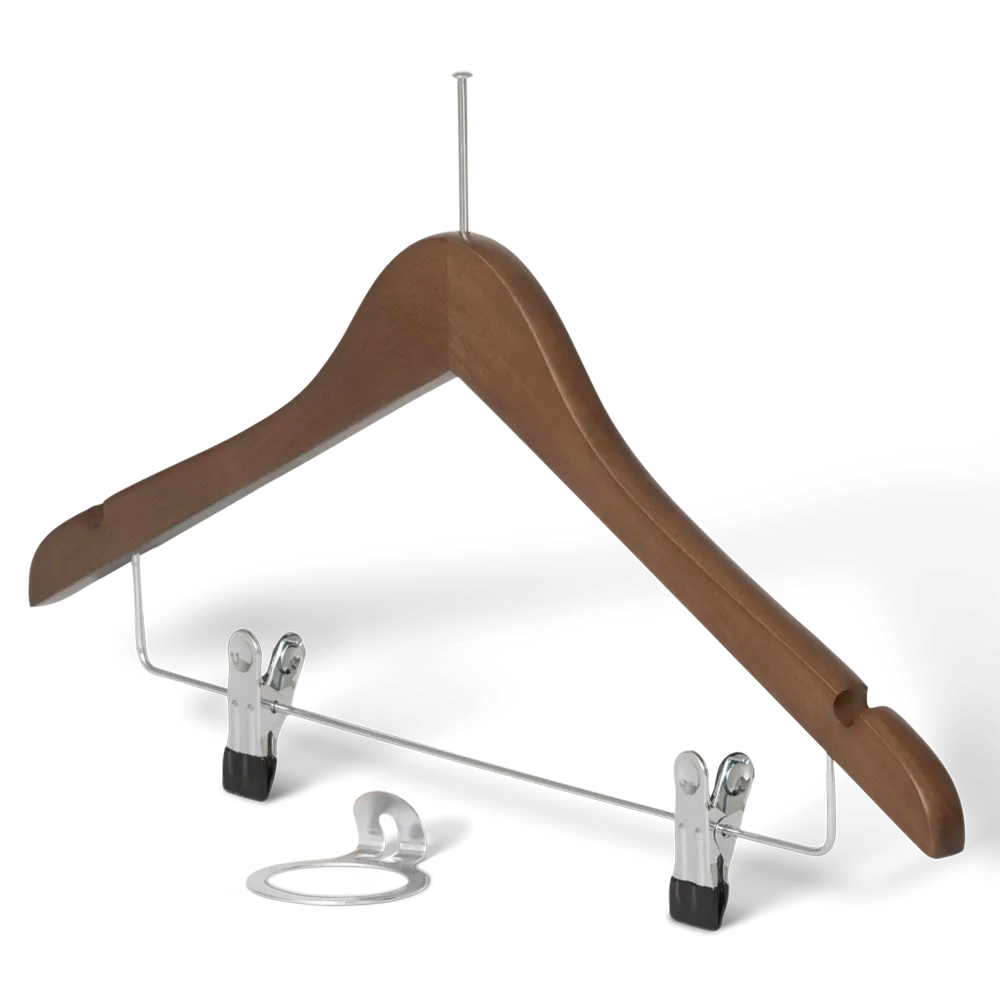 Appendiabiti in legno color noce con sistema antifurto e clip per hotel