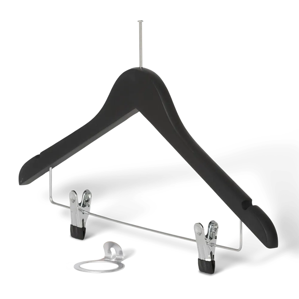 Appendiabiti legno nero con sistema antifurto e clip per hotel