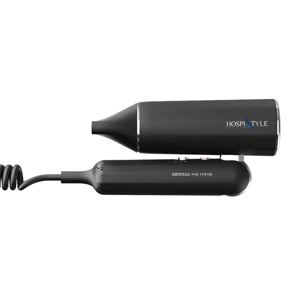Ghibli Evo VOYAGER folding-handle hotel hair dryer – front view (matte black)