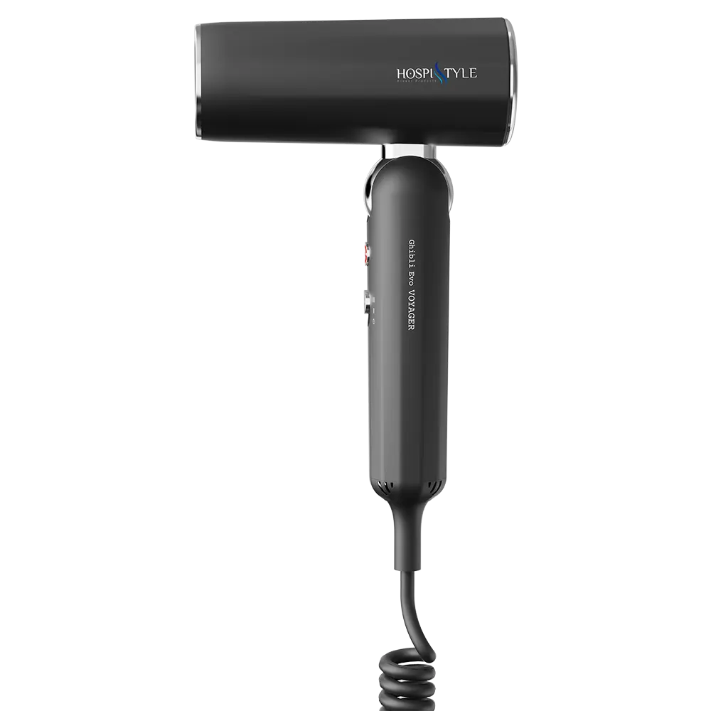 Compact body of Ghibli Evo VOYAGER hair dryer for hotel bathrooms