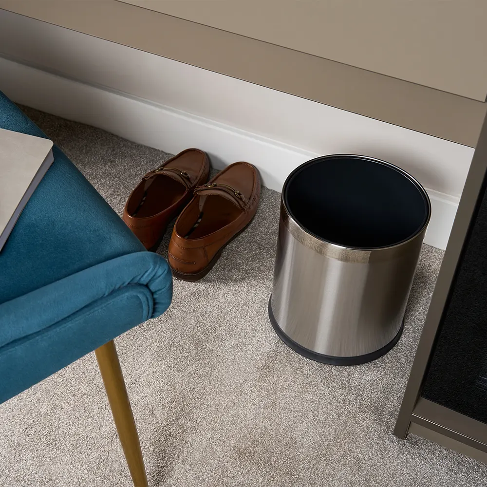 THORNTON 9L double layer hotel bin &ndash; brushed steel lifestyle photo in guestroom