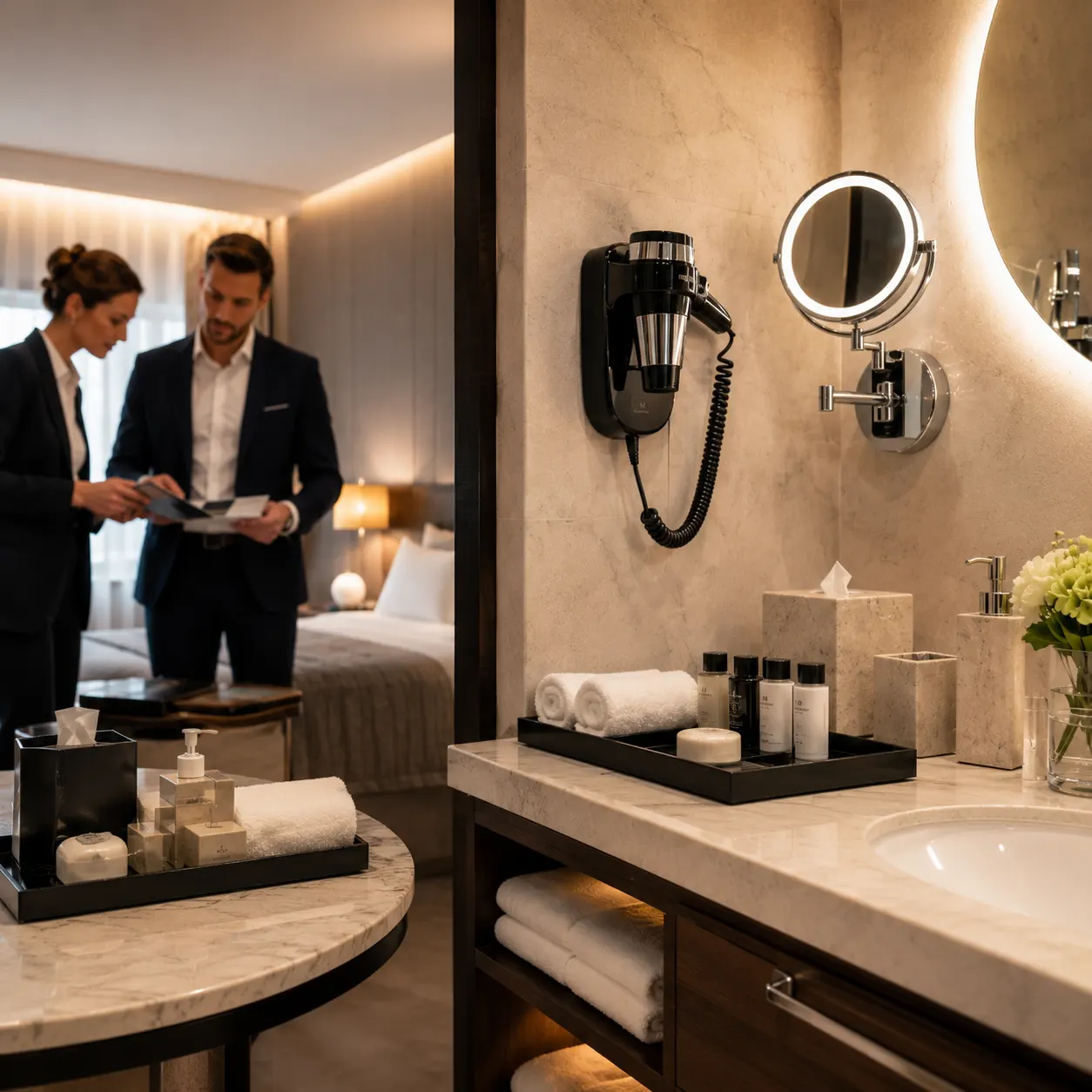 Internationaler Hotelbedarf f&uuml;r Hotelprojekte mit wandmontiertem Haartrockner, Kosmetikspiegel und B2B-Beratung
