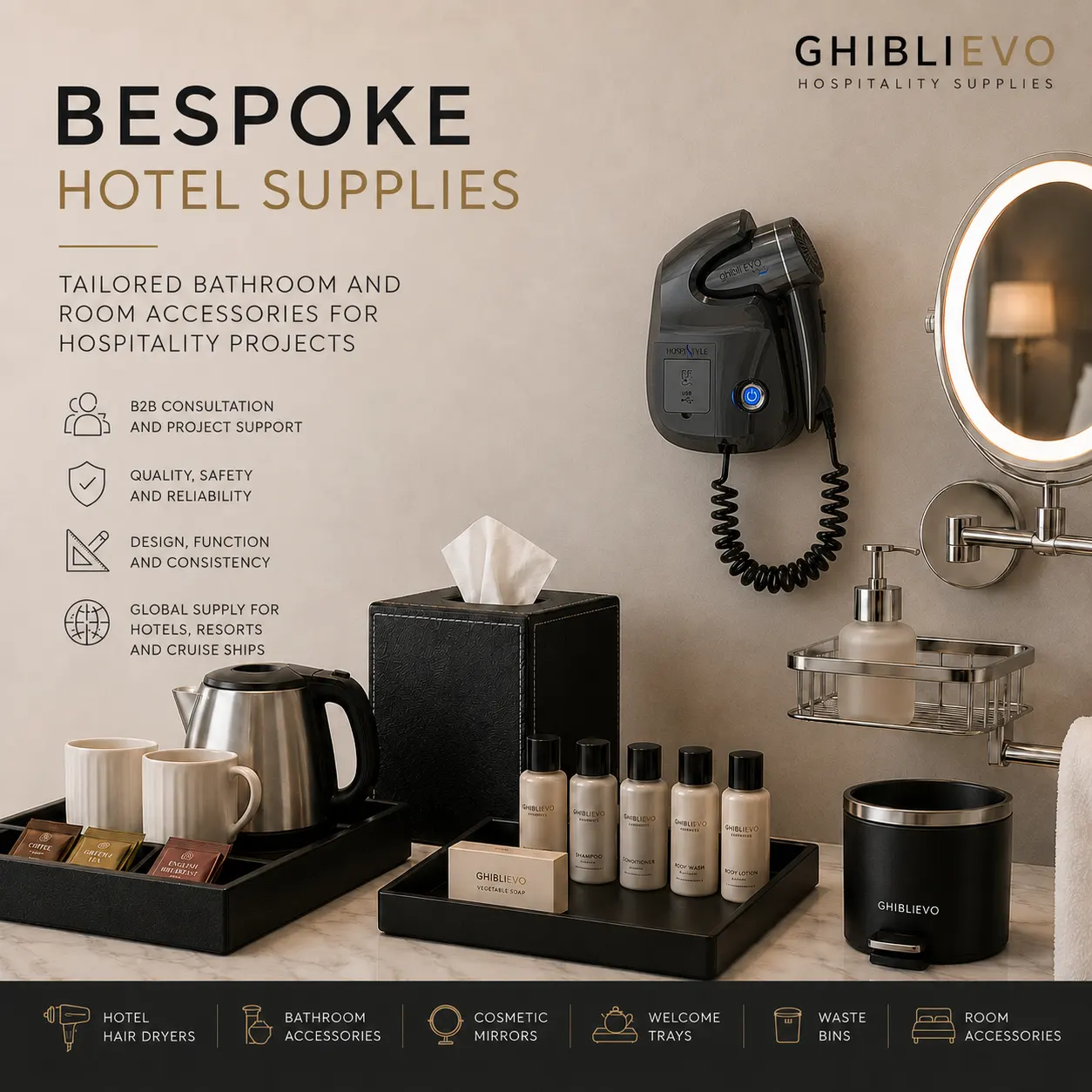 Hotelbenodigdheden op maat voor hospitalityprojecten met badkamer- en kameraccessoires